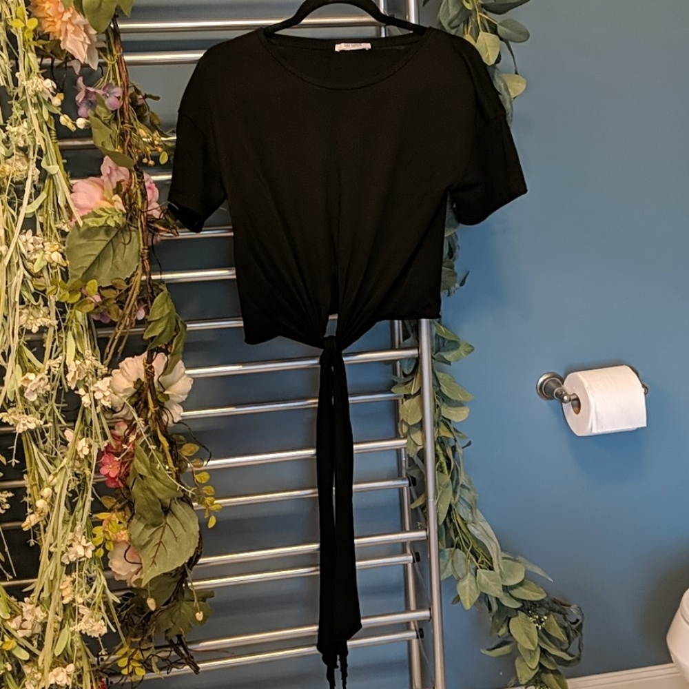 Zara Black T Shirt Top with Tie Hem